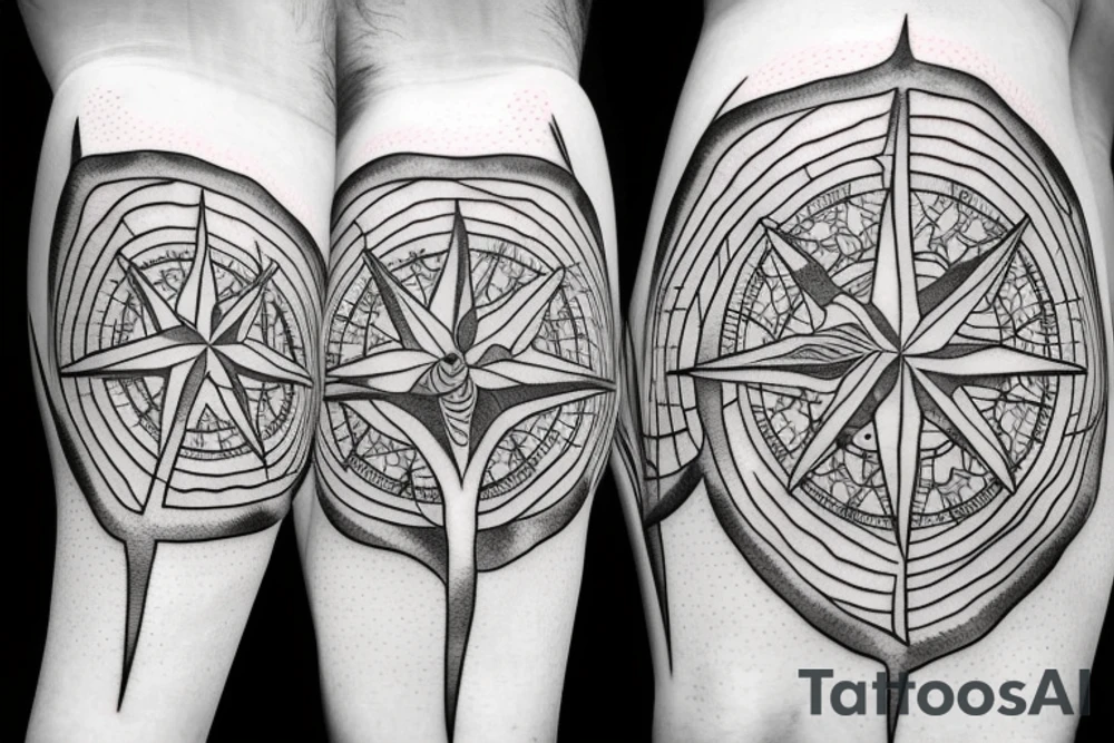Compass with tree roots growing on top tattoo idea