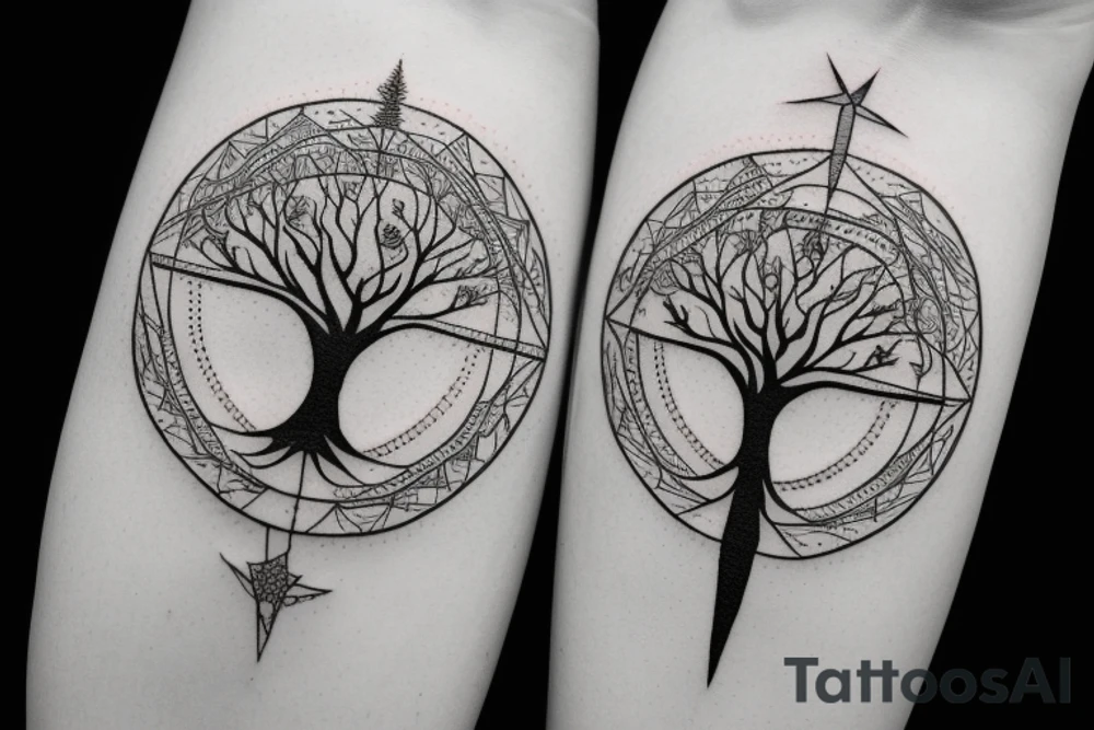 Compass with tree roots growing tattoo idea