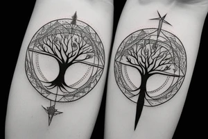 Compass with tree roots growing tattoo idea