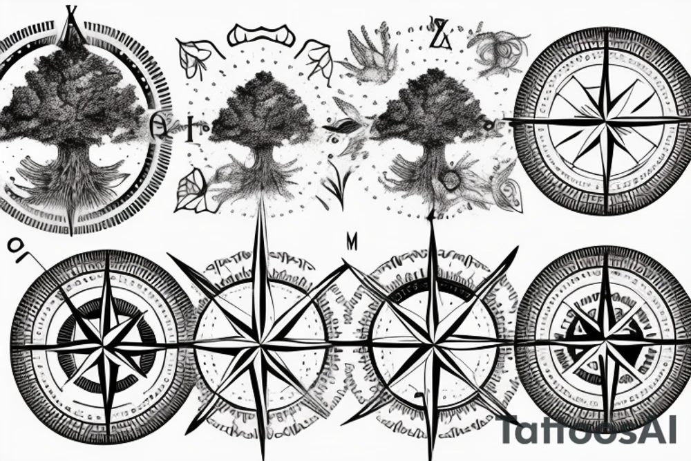 Compass with tree roots growing tattoo idea