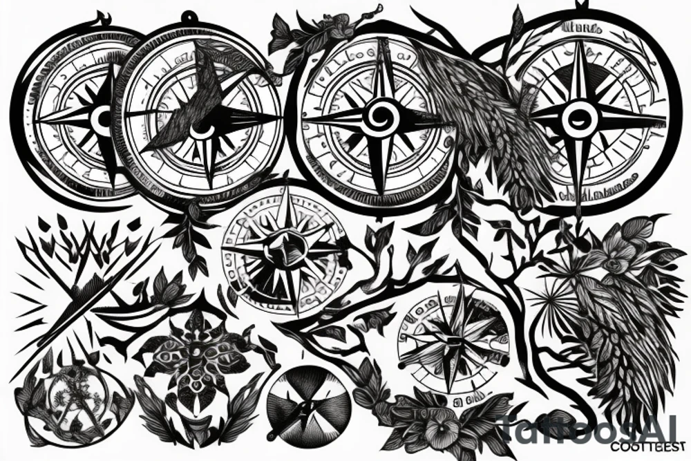 Compass with overgrown tree roots tattoo idea