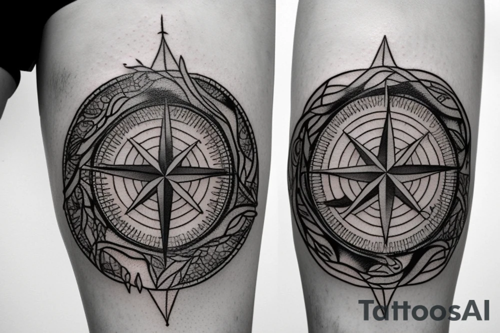 Compass with overgrown tree roots tattoo idea