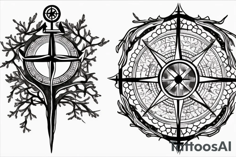 Compass and anchor with overgrown tree roots tattoo idea