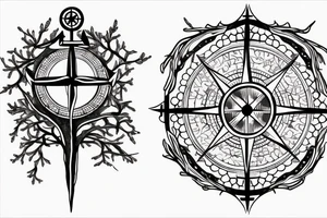 Compass and anchor with overgrown tree roots tattoo idea