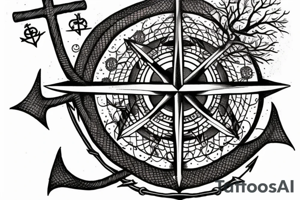 Compass and anchor with overgrown tree roots tattoo idea