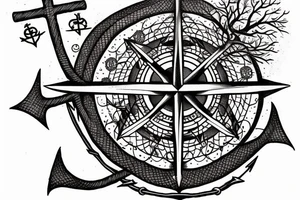 Compass and anchor with overgrown tree roots tattoo idea