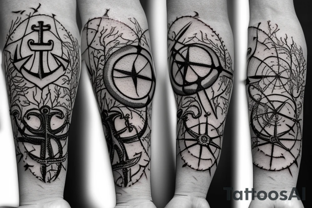 Compass and anchor with overgrown tree roots tattoo idea