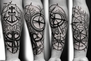 Compass and anchor with overgrown tree roots tattoo idea