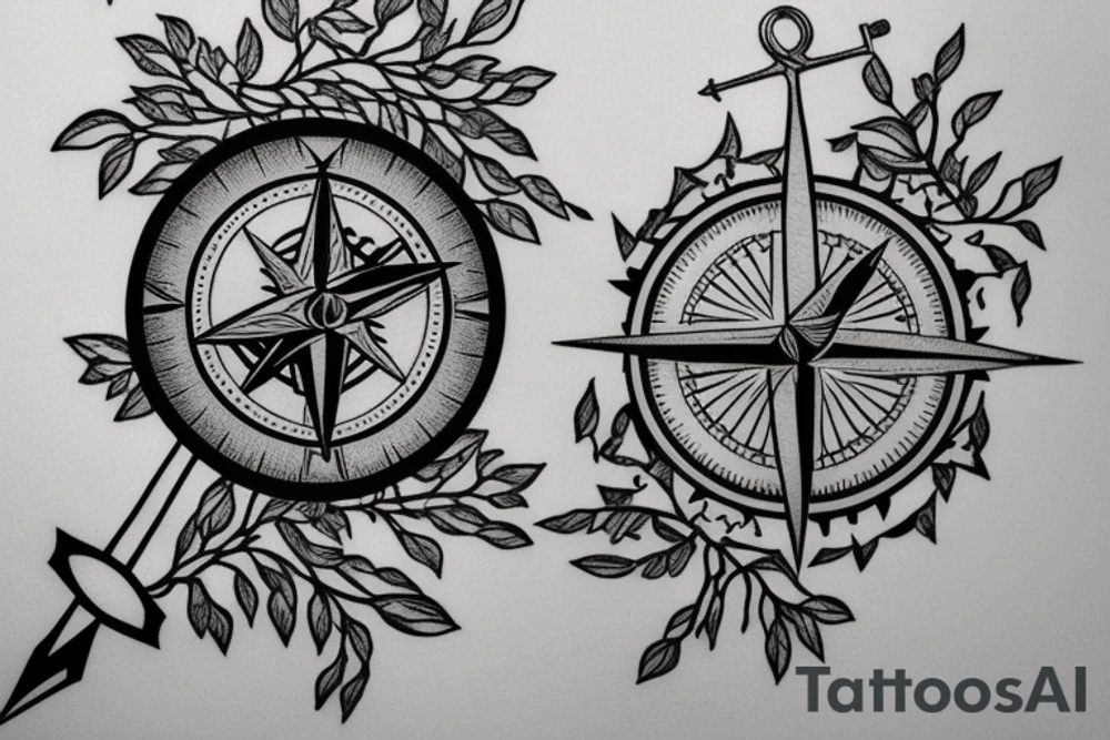 Compass and anchor with overgrown tree roots tattoo idea