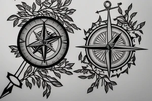 Compass and anchor with overgrown tree roots tattoo idea