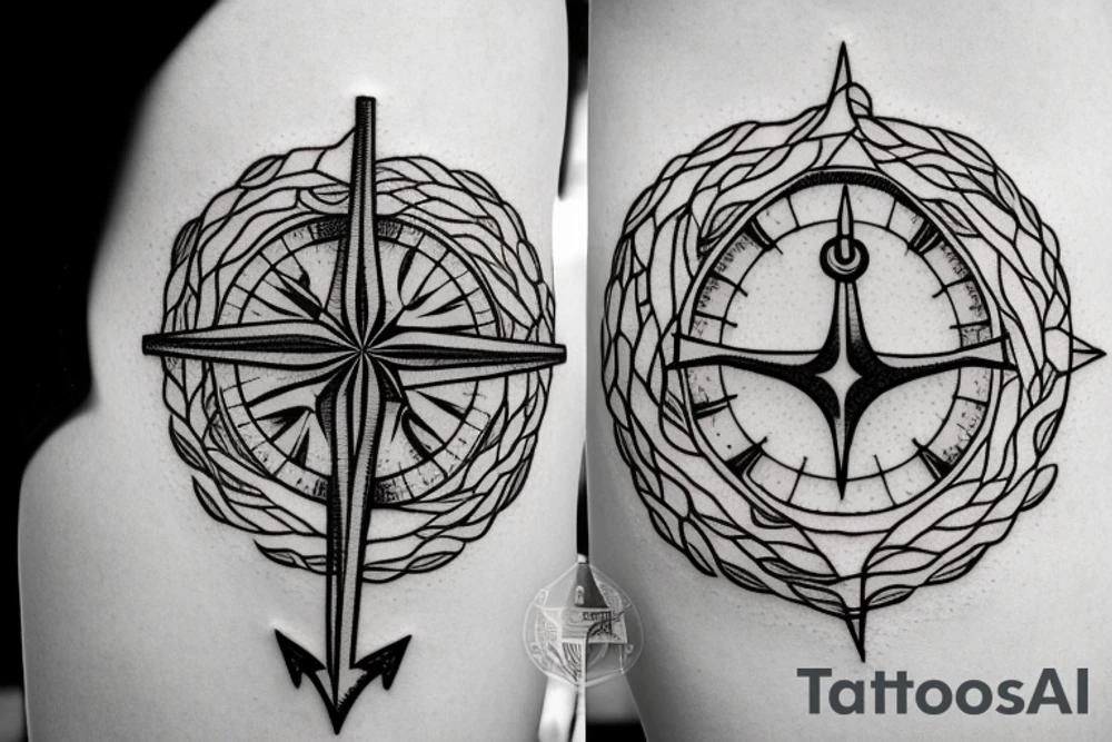 Compass and anchor with overgrown tree roots tattoo idea