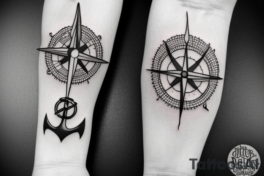 Compass and anchor with overgrown tree roots tattoo idea