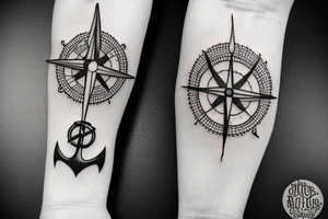 Compass and anchor with overgrown tree roots tattoo idea