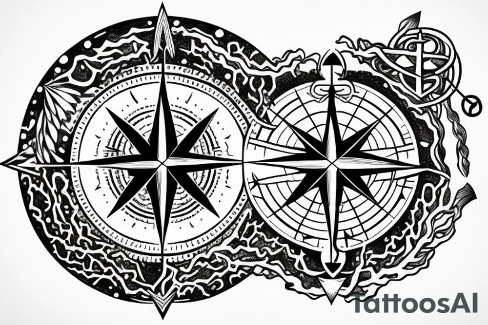 Compass and anchor with overgrowing roots tattoo idea
