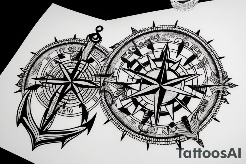 Compass and anchor with overgrowing roots tattoo idea