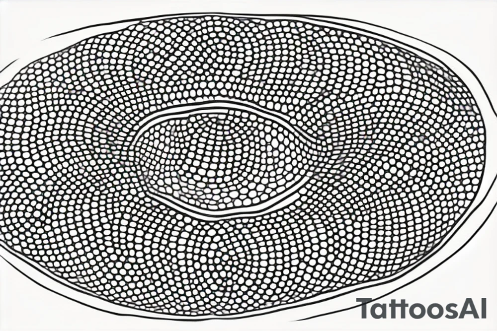 circle made in dotwork with hole in the midle, gap between dots is getting bigger the further from the center, circle made in black and white and red flames are over the circle tattoo idea