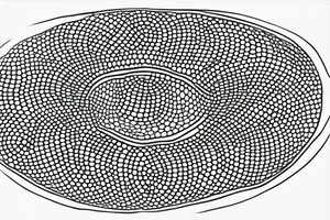 circle made in dotwork with hole in the midle, gap between dots is getting bigger the further from the center, circle made in black and white and red flames are over the circle tattoo idea