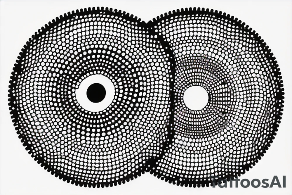circle made in dotwork with hole in the midle, gap between dots is getting bigger the further from the center, circle made in black and white and red flames are over the circle tattoo idea