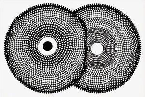 circle made in dotwork with hole in the midle, gap between dots is getting bigger the further from the center, circle made in black and white and red flames are over the circle tattoo idea
