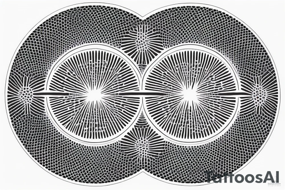 circle made in dotwork with hole in the midle, gap between dots is getting bigger the further from the center, circle made in black and white and red flames are over the circle tattoo idea