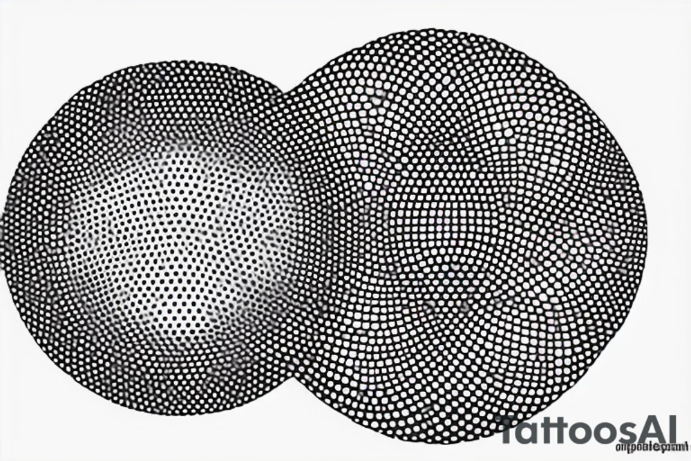 circle made in dotwork with hole in the midle, gap between dots is getting bigger the further from the center, circle made in black and white and red flames are over the circle tattoo idea