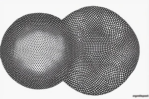 circle made in dotwork with hole in the midle, gap between dots is getting bigger the further from the center, circle made in black and white and red flames are over the circle tattoo idea