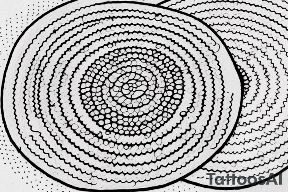 circle made in dotwork with hole in the midle, gap between dots is getting bigger the further from the center, circle made in black and white and red flames are over the circle tattoo idea