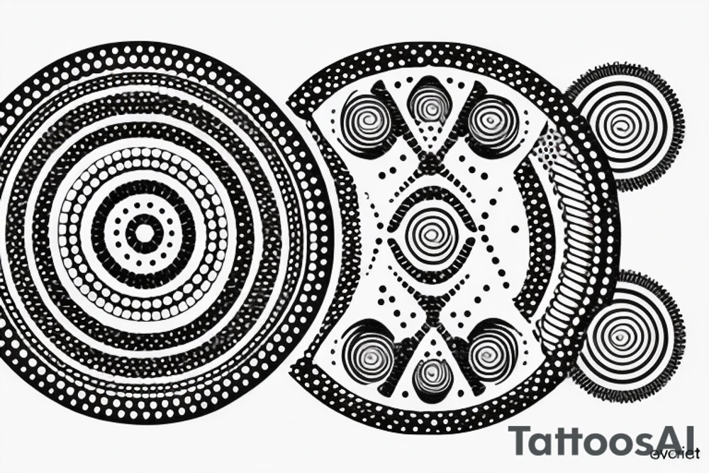 circle made in dotwork with hole in the midle, gap between dots is getting bigger the further from the center, circle made in black and white and red flames are over the circle tattoo idea