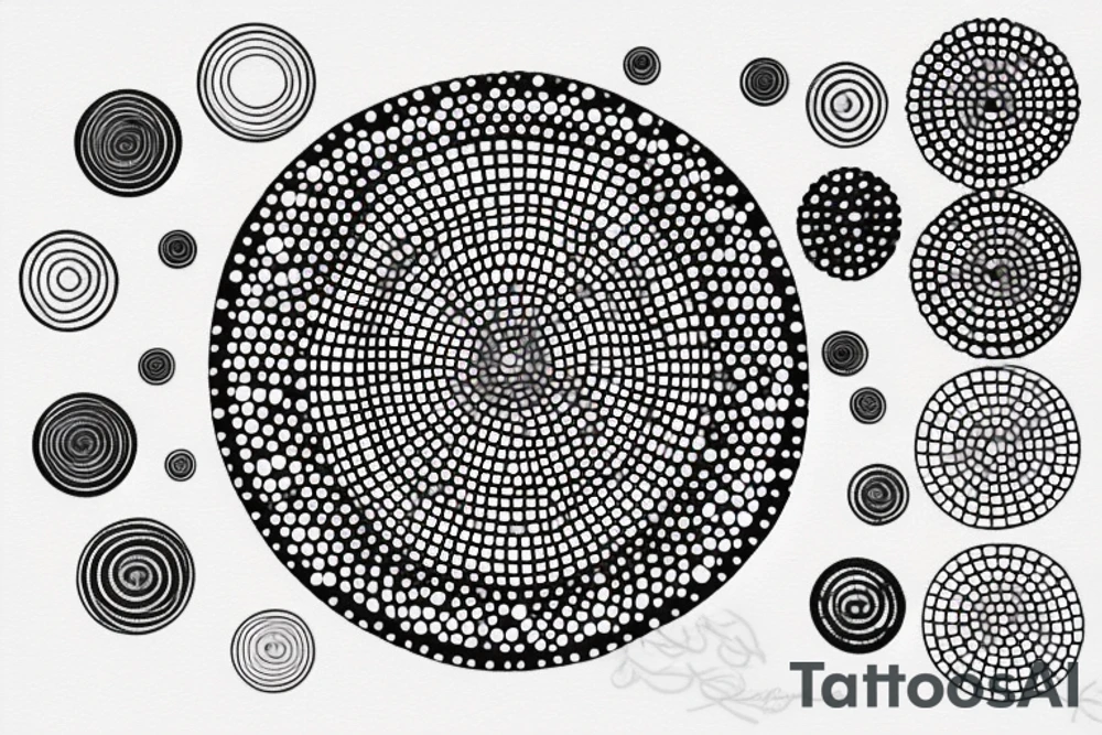 circle made in dotwork with hole in the midle, gap between dots is getting bigger the further from the center, circle made in black and white and red flames are over the circle tattoo idea