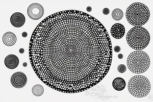 circle made in dotwork with hole in the midle, gap between dots is getting bigger the further from the center, circle made in black and white and red flames are over the circle tattoo idea
