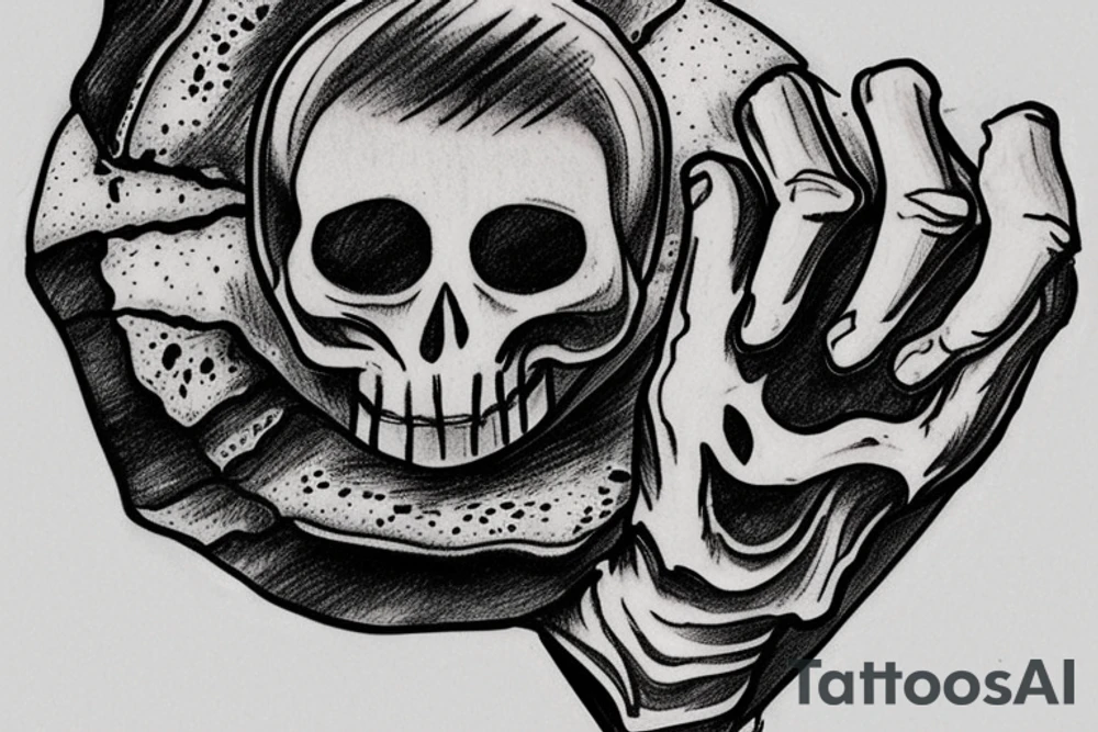 Skeleton hand holding slice of pizza tattoo idea