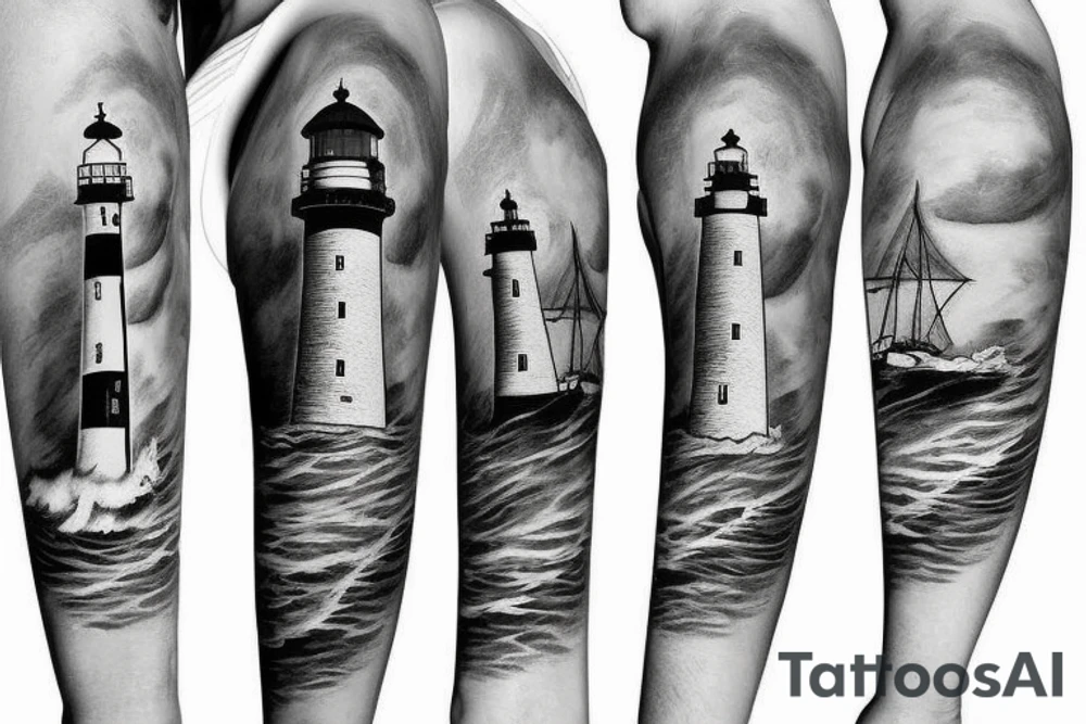 Lighthouse with ship in background tattoo idea Lighthouse with ship in background tattoo idea