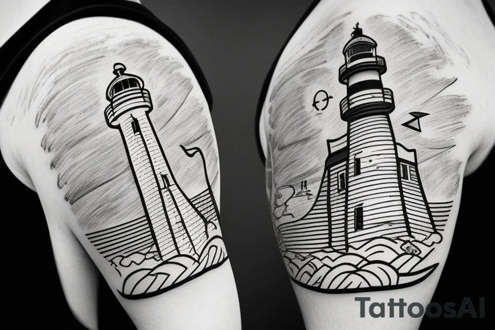 Lighthouse with ship in background tattoo idea Lighthouse with ship in background tattoo idea