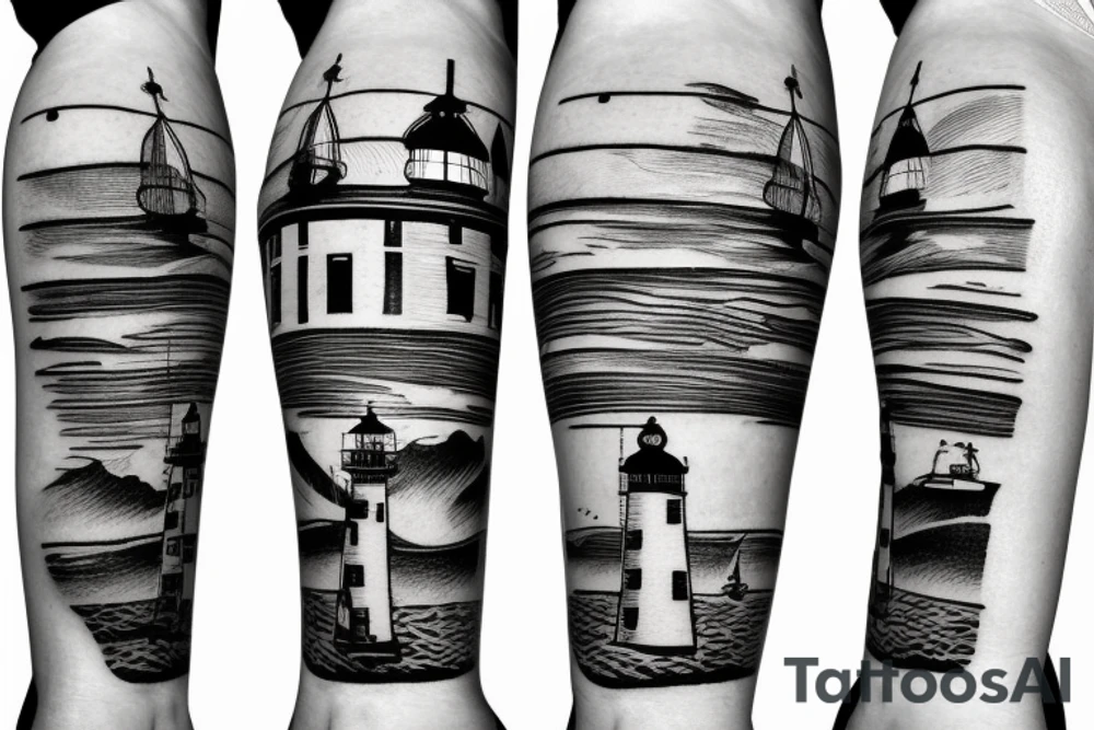 Lighthouse with ship in background tattoo idea Lighthouse with ship in background tattoo idea