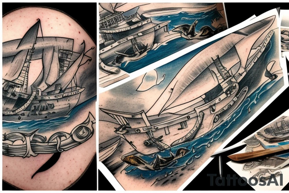 Hammerhead shark swimming next to a sunken Galleon-type wooden ship. tattoo idea