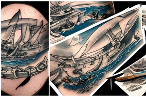 Hammerhead shark swimming next to a sunken Galleon-type wooden ship. tattoo idea