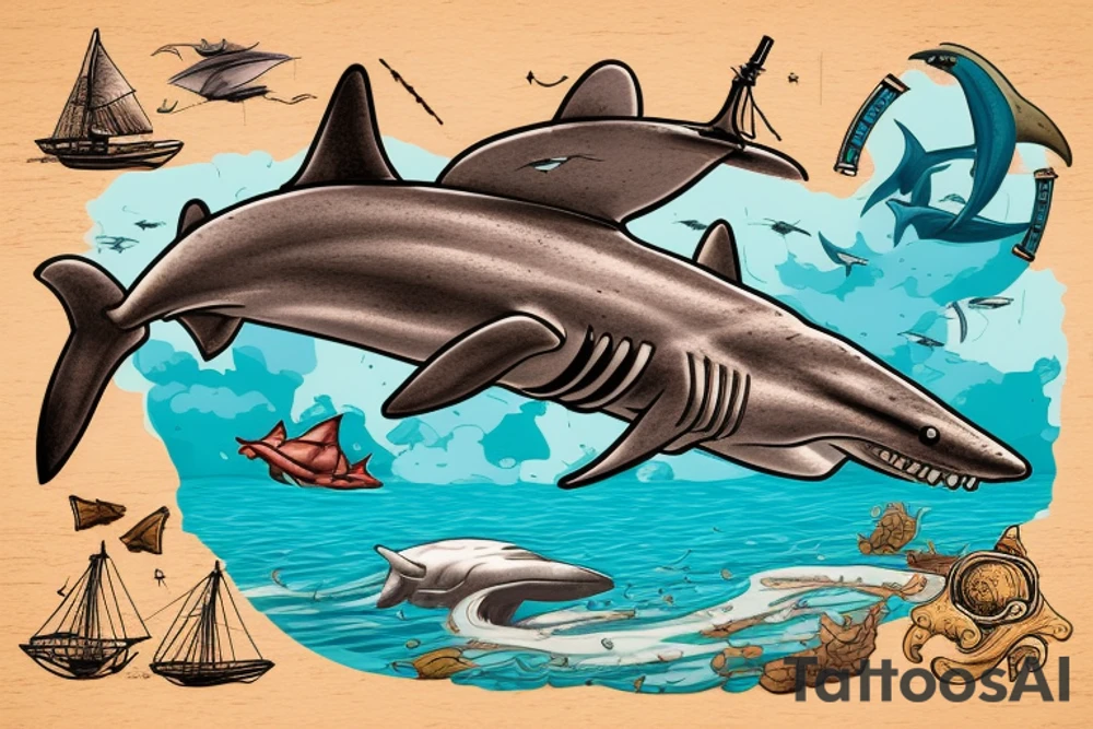 Hammerhead shark swimming next to a sunken Galleon-type wooden ship. tattoo idea