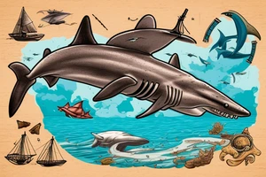 Hammerhead shark swimming next to a sunken Galleon-type wooden ship. tattoo idea