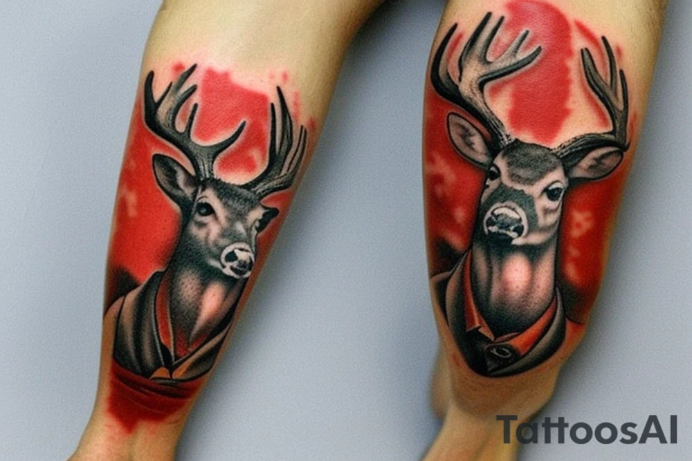 Red dead redemption 2 video game tattoo

Have a white tail deer taking a drink from a pond/lake. Incorporate the quote “be loyal to what matters.” Have the tattoo be a yellow sepia tone color scheme.

Put the deer on the left side of the tattoo, drinking from a pond. tattoo idea