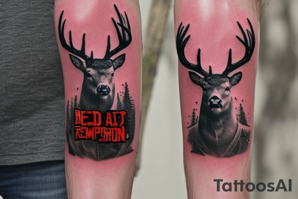 Red dead redemption 2 video game tattoo

Have a white tail deer taking a drink from a pond/lake. Incorporate the quote “be loyal to what matters.” Have the tattoo be a yellow sepia tone color scheme.

Put the deer on the left side of the tattoo, drinking from a pond. tattoo idea