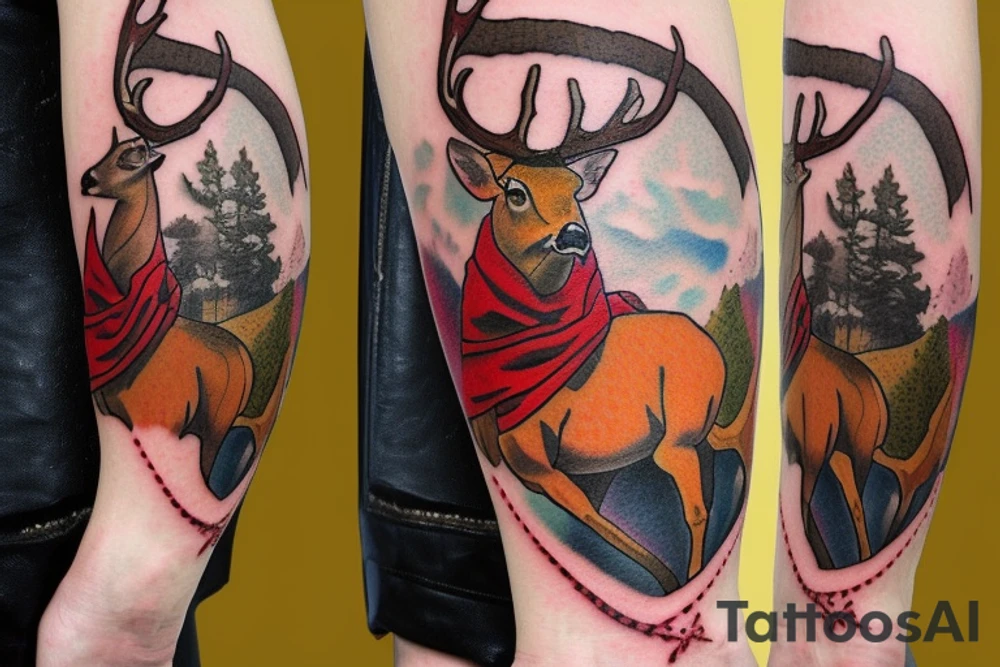 Red dead redemption 2 video game tattoo

Have a white tail deer taking a drink from a pond/lake. Incorporate the quote “be loyal to what matters.” Have the tattoo be a yellow sepia tone color scheme.

Put the deer on the left side of the tattoo, drinking from a pond. tattoo idea