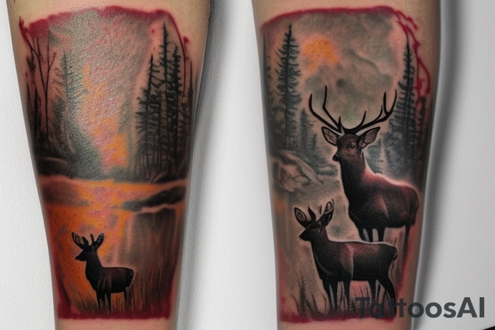Red dead redemption 2 video game tattoo

Have a white tail deer taking a drink from a pond/lake. Incorporate the quote “be loyal to what matters.” Have the tattoo be a yellow sepia tone color scheme.

Put the deer on the left side of the tattoo, drinking from a pond. tattoo idea