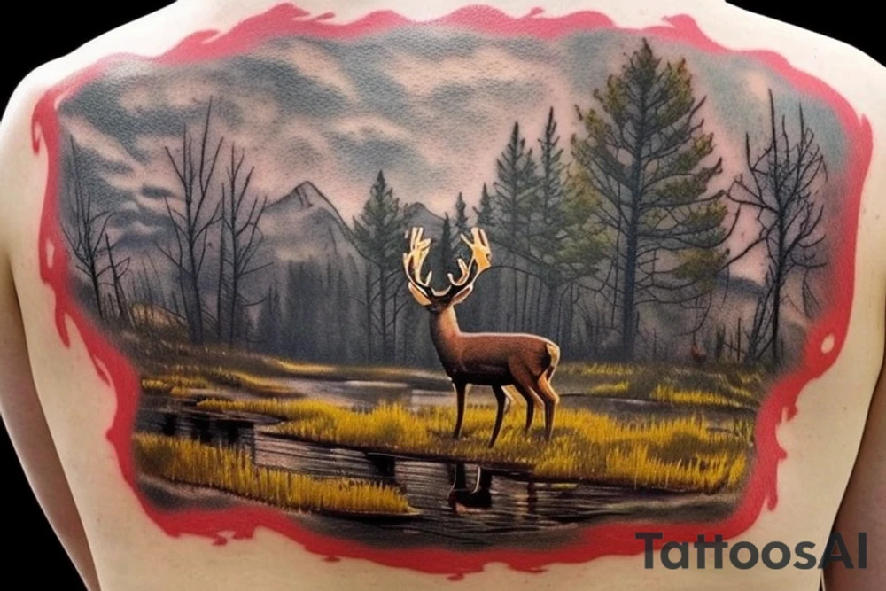 Red dead redemption 2 video game tattoo

Have a white tail deer taking a drink from a pond/lake. Incorporate the quote “be loyal to what matters.” Have the tattoo be a yellow sepia tone color scheme.

Put the deer on the left side of the tattoo, drinking from a pond. tattoo idea