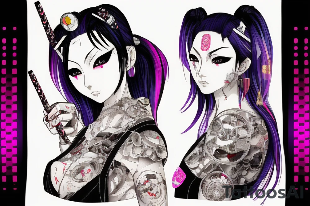 Anime cyberpunk geisha from the chest up. She has an origami unicorn earring. Her face has lines from a surgical transplant of her face. Her hair is pulled into a bun and held with chopsticks. tattoo idea