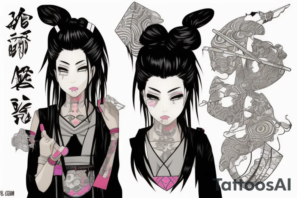 Anime cyberpunk geisha from the chest up. She has an origami unicorn earring. Her face has lines from a surgical transplant of her face. Her hair is pulled into a bun and held with chopsticks. tattoo idea