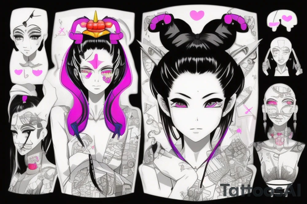 Anime cyberpunk geisha from the chest up. She has an origami unicorn earring. Her face has lines from a surgical transplant of her face. Her hair is pulled into a bun and held with chopsticks. tattoo idea