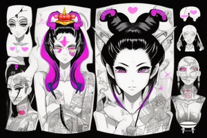 Anime cyberpunk geisha from the chest up. She has an origami unicorn earring. Her face has lines from a surgical transplant of her face. Her hair is pulled into a bun and held with chopsticks. tattoo idea