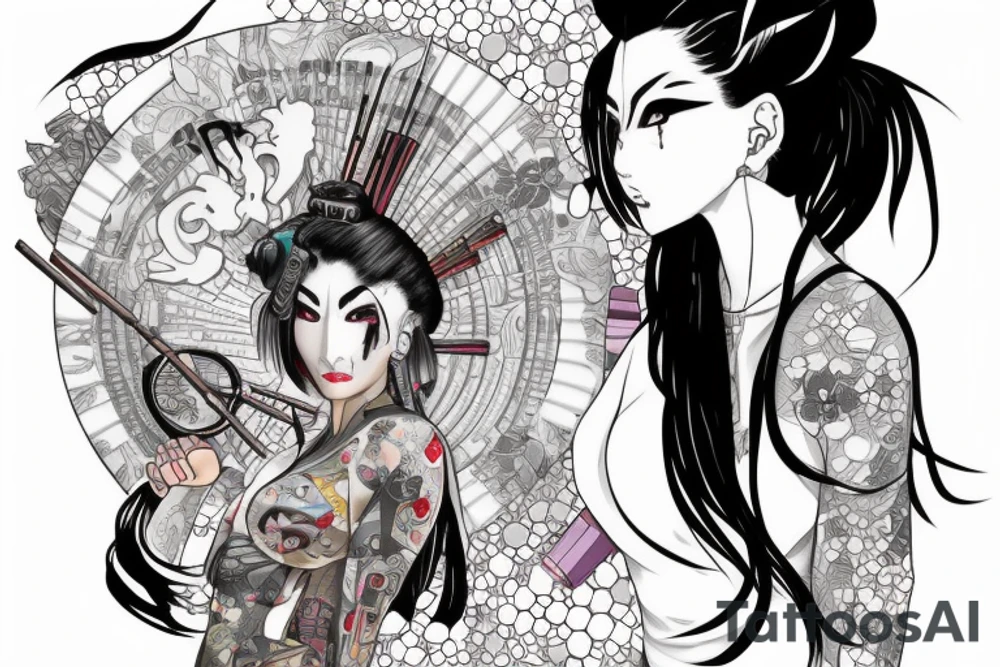 Anime cyberpunk geisha from the chest up. She has an origami unicorn earring. Her face has lines from a surgical transplant of her face. Her hair is pulled into a bun and held with chopsticks. tattoo idea