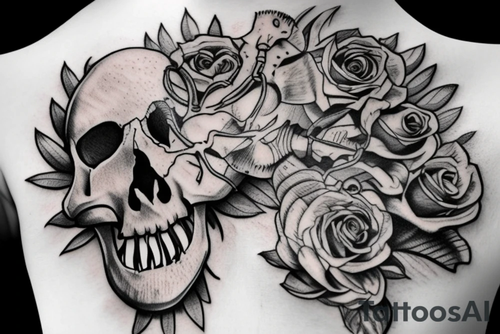 dinosaurus skull growing on a flower steam tattoo idea