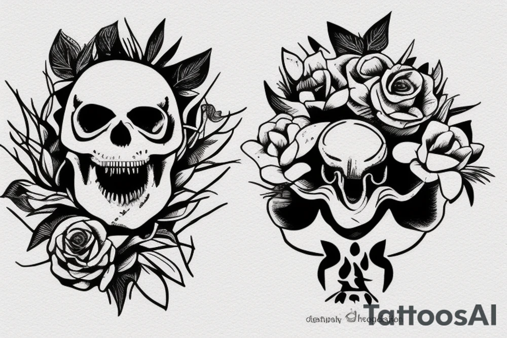 dinosaur's skull growing on a flower steam tattoo idea